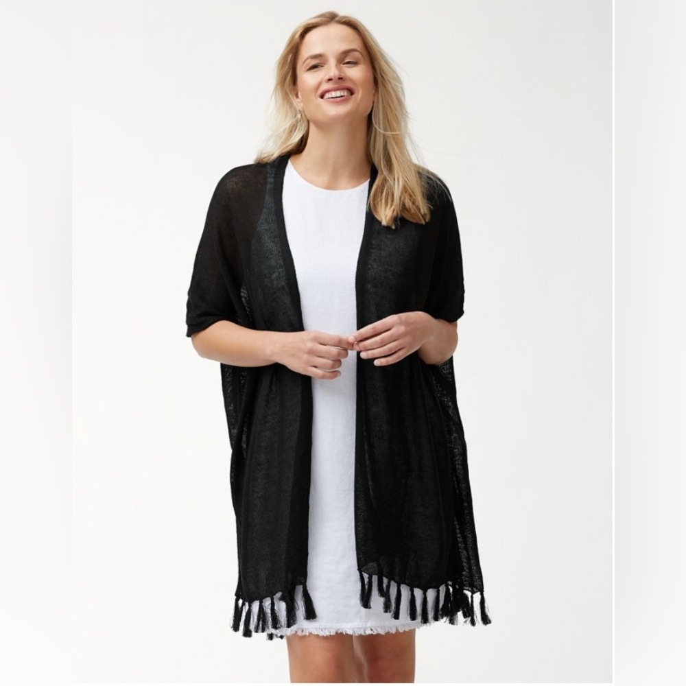 Tommy Bahama Black Open Front Lightweight Cardigan with Fringe